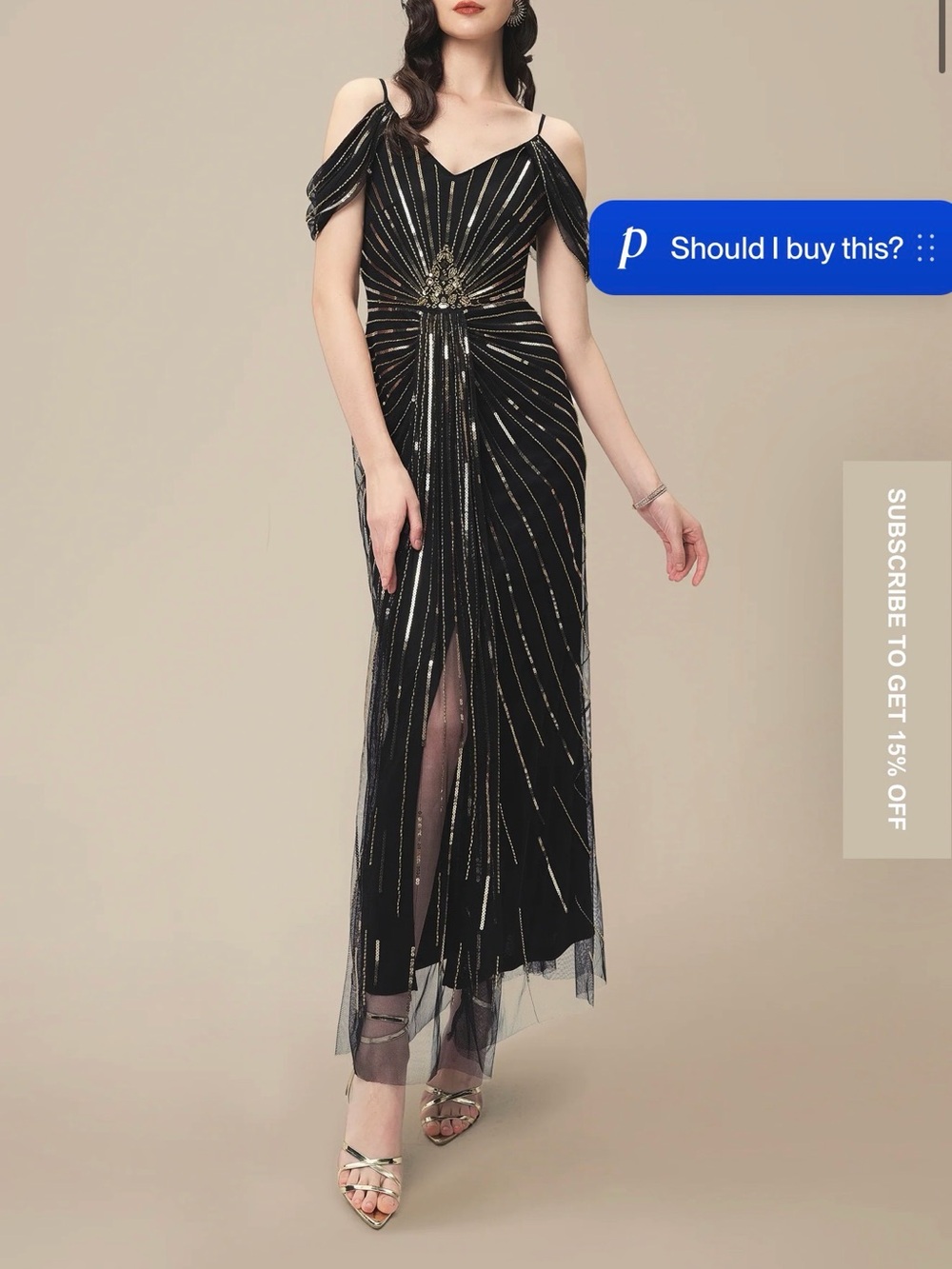 Black Off-Shoulder Beaded Evening Gown